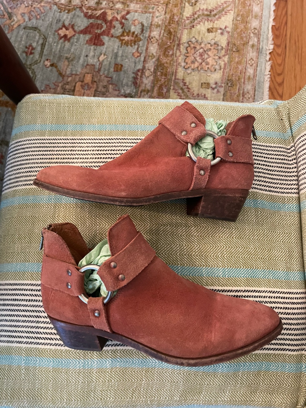 Frye Rust Suede Women's Ankle Boot with Metal Ring Detail